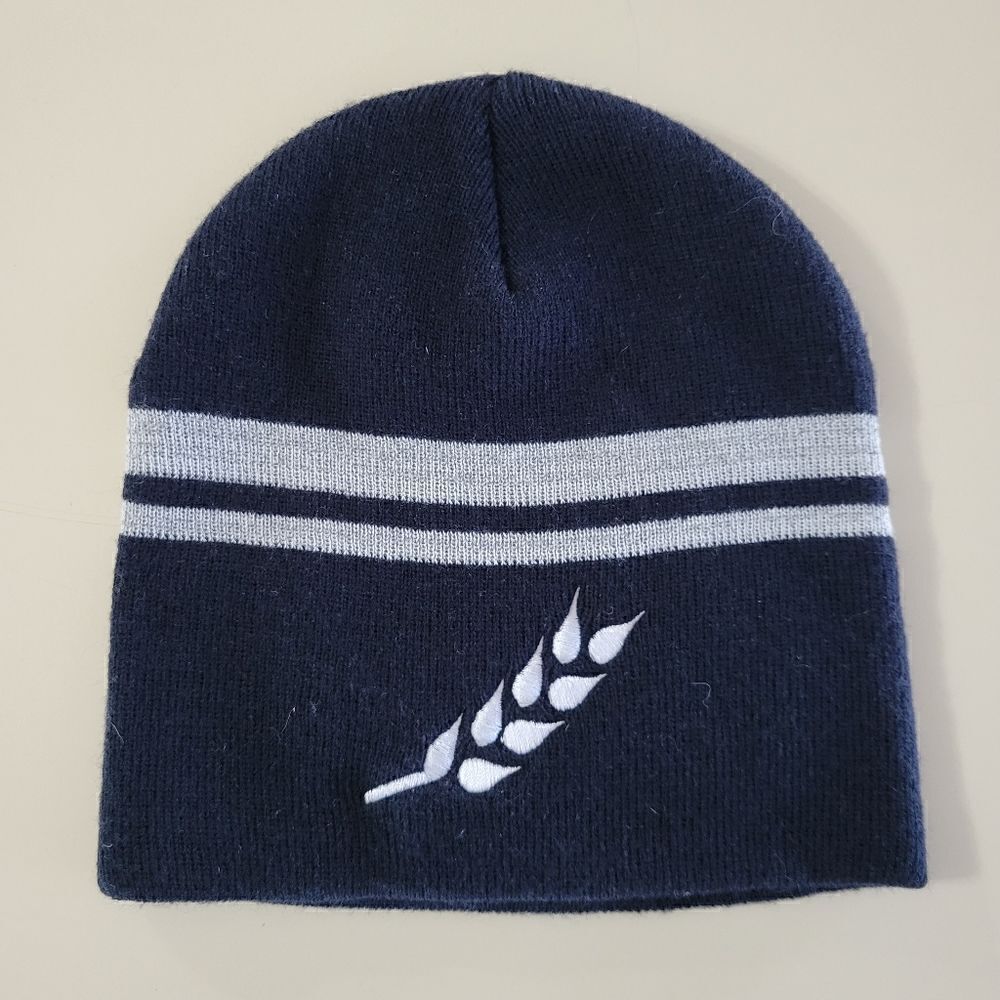 Mens Wheat Spike Embroidered Navy Knit Stripe Beanie